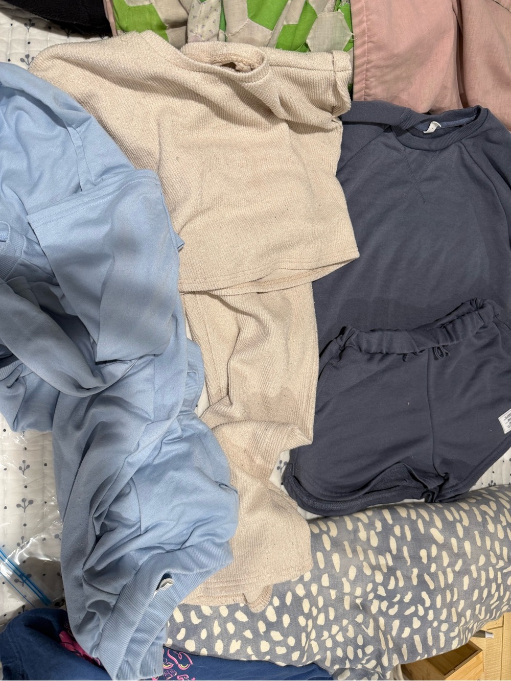 SHEIN Kids Neutral Knit Shorts Set in Beige and Navy with Light Blue Top